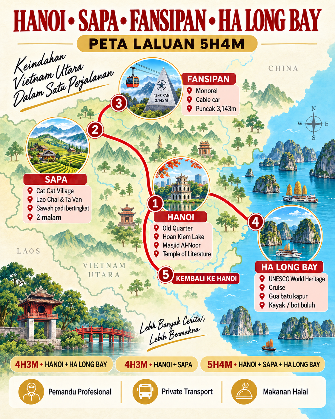 Peta laluan pakej Hanoi Sapa Fansipan dan Ha Long Bay
