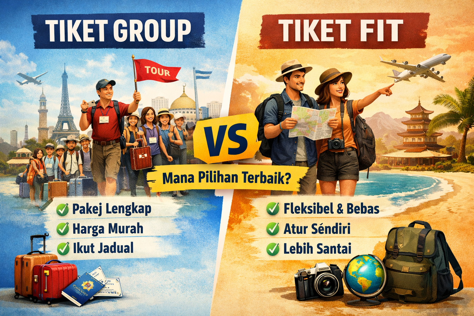 Tiket group vs FIT perbandingan – ilustrasi travel berkumpulan vs travel bebas dengan kelebihan dan perbezaan utama